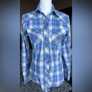 Roper XS Long Sleeve Button Down Western Shirt Blue White and Tan Plaid, Snaps